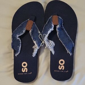 SO Navy Denim Flip Flops with Frayed Straps